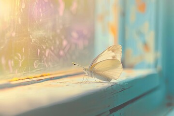 butterfly perched on windowsill against soft pastel background ethereal insect closeup