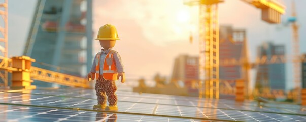A construction worker wearing a safety helmet looks out at the industrial site with scaffolding structures during sunset.