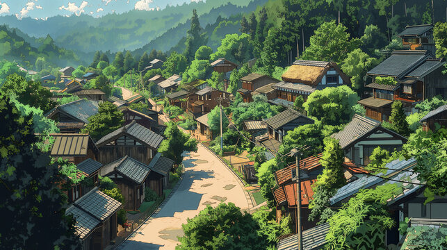 This high-quality artwork brings to life the peaceful charm of rural Japan in the morning, featuring intricate details and a soothing color palette reminiscent of classic model art.