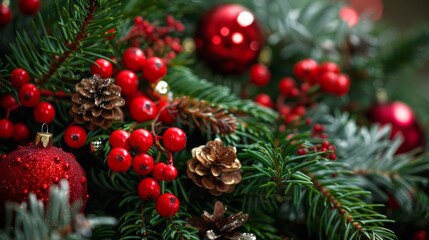 Close Up of Christmas Tree Ornaments, Pine Cones, and Berries