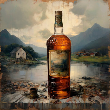 ilustra&ccedil;&atilde;o em tinta de uma garrafa de whisky em cen&aacute;rio florestal 