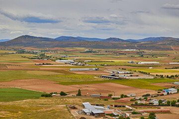 Aerial view of farms and agricultural fields