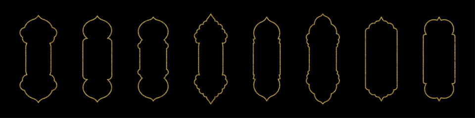 Islamic arch shape with pattern. Golden frame design for Indian Ramadan door and window. Flat vector illustration isolated