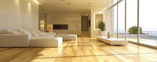 Spacious empty office interior with large windows, wooden flooring, and white walls, ready for customization.