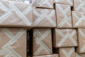 Paper parcels boxes with shipping goods in warehouse