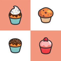 Different cartoon cupcakes set. Delicious muffins collection. Cupcake with chocolate, pink cream, cherry. Isolated on white and pink background