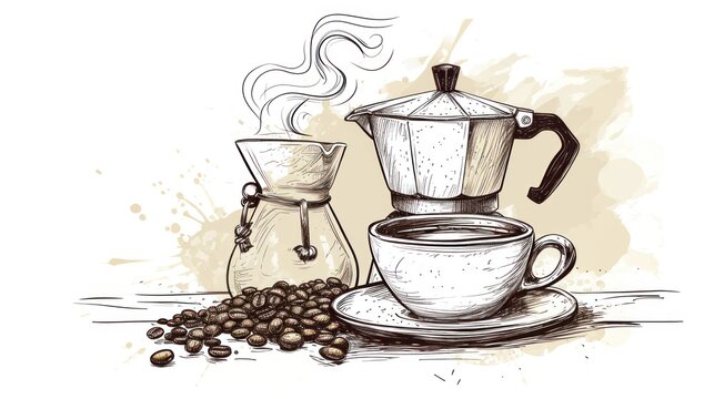 coffee brewing sketch: cup, beans, pot, steam clip art preview