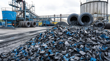 Tyre recycling plant with crumb rubber systems. Piles of shredded tyres are seen in the foreground, while industrial machinery and equipment for processing the rubber are visible in the background.