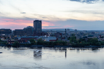 Ottawa River and Gatineau, Quebec, Canada. Cityscape in the evening during sunset