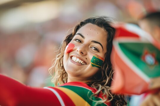 A fan in a sports stadium waves a Portuguese flag, showcasing cultural pride