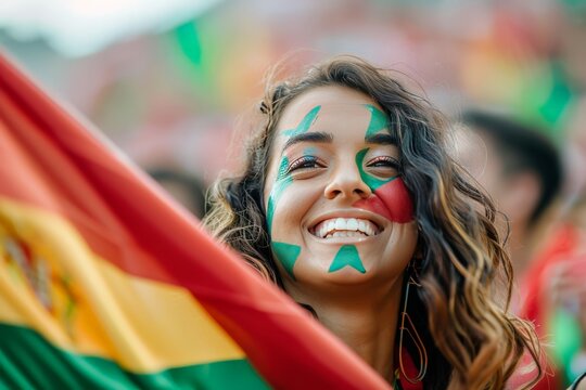 Delighted female spectator with green and red face paint of Portugal showing exuberance