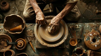 Hands of craftsman is molding clay on the pottery wheel. Ceramic craft. Dirty male hands sculpt mug with ceramic clay.