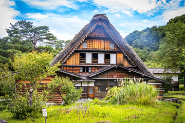 traditional japanese houses in shirakawago, gifu prefecture, japan, thatched roofs, triangle, wooden, rice paddies, rice