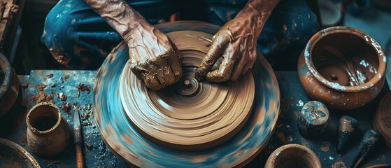Hands of craftsman is molding clay on the pottery wheel. Ceramic craft. Dirty male hands sculpt mug with ceramic clay.