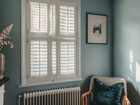 Photo of white wooden shutters on a window in an English-style house with light blue walls and neutral colors. There was a dark green velvet cushion on a chair under the shutters.