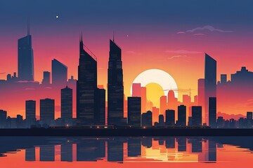 Sunset in the city, vector style illustration, black silhouettes of the buildings against orange-red sky