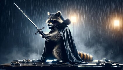 Raccoon in a dark cloak holding a sword on a rainy night. Fantasy character, medieval warrior, animal hero concept