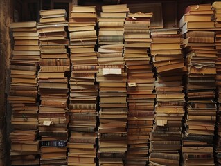 Obraz premium reading stacked books, wide shot,