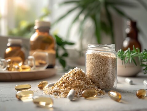 A fiber supplement scene with Psyllium Husk and digestive health icons, indicating fiber supplement benefits