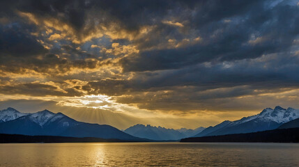 Solemn Sunset Over Snow Capped Mountains and Serene Lake