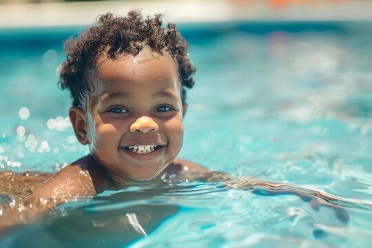 A view capturing the tranquil moment of a person with curly hair swimming in a sunlit pool, evoking serenity