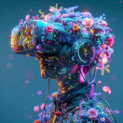 A human figure, wearing a futuristic headset, experiencing a vibrant augmented reality world, where digital objects blend seamlessly with reality.