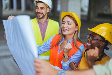 A group of upbeat construction professionals, including men and a woman, review a building plan...