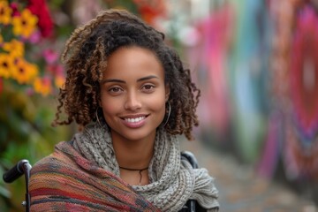 An elegant woman in a wheelchair reading a book outdoors among autumn scenery showing resilience and intellect
