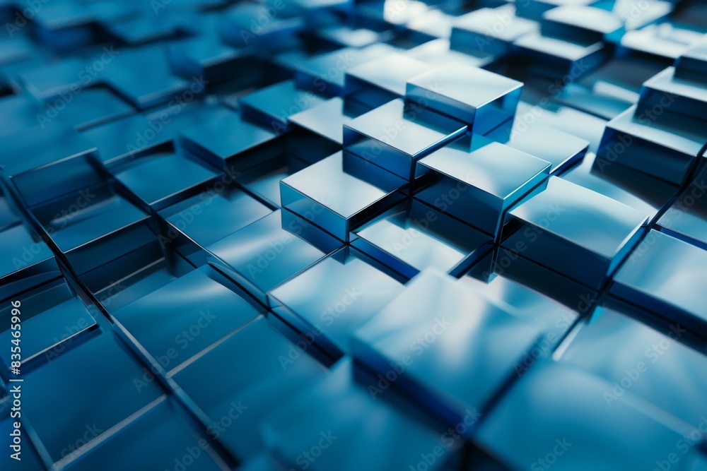 Poster 3d rendering of numerous blue cubes in various levels of elevation, creating a clean and modern abst