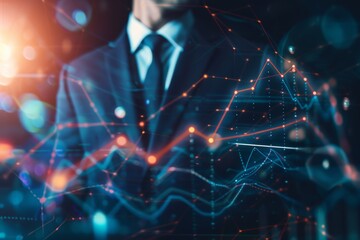 An image featuring a man in a suit with glowing network and data graphics superimposed Concept of technology and business