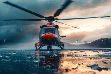Red search and rescue helicopter with spinning blades in a dramatic weather scene