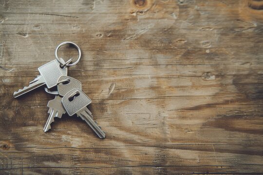 Three metal keys on a wooden table, symbolizing security and property