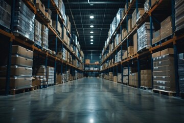 A spacious industrial warehouse interior featuring towering shelves stocked with a multitude of boxes under dim lighting