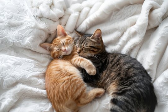 Two adorable kittens cuddling together on a soft white bedspread in a cozy home environment