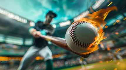 close-up photo of a baseball player hiting a ball with a baseball bat