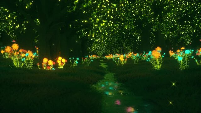 Magic Forest by Night with Glowing Flowers - Loop Fantasy Nature Landscape Background