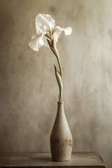 Minimalistic still life with a white iris in a ceramic vase, rustic vibe