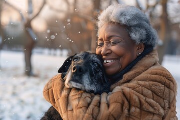 A senior woman in a warm jacket lovingly holds her pet dog during a snowy winter day