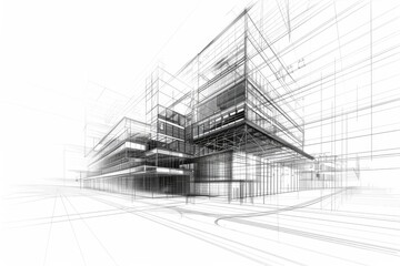 A detailed digital architectural drawing depicting a complex building design with numerous layers and perspectives