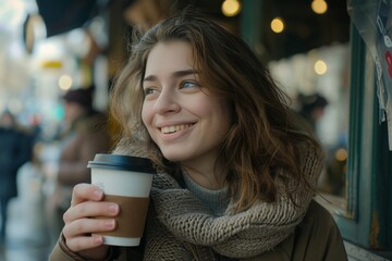 An anonymous person cozily wrapped in a scarf holds a takeaway coffee cup on a busy street