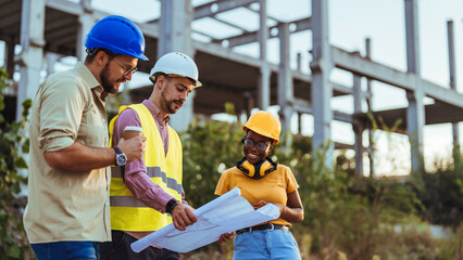 A group of multicultural construction professionals engaged in examining architectural blueprints on a site with steel structures in the background.