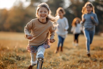 Fototapeta premium A child enjoys a scooter ride with blurry friends running behind her in an outdoor park setting