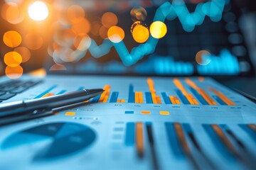 Paper charts with graphs and a pen indicating business analysis Bokeh and keyboard in the background
