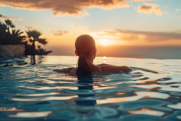 The serene image of a woman swimming in an infinity pool as the sun sets, evoking peace and relaxation