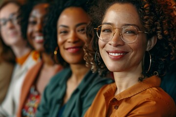 Fototapeta premium Side view of diverse individuals at an event, highlighting their engagement and varied hairstyles