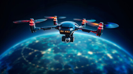A drone flying over planet Earth, global aerial surveillance, general security control