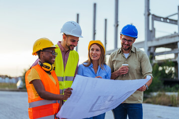 A group of construction professionals, wearing safety helmets and reflective vests, actively discuss a set of blueprints at a building site.