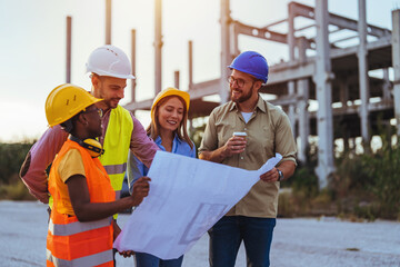 A group of male and female construction professionals of various ethnicities discuss a blueprint at...