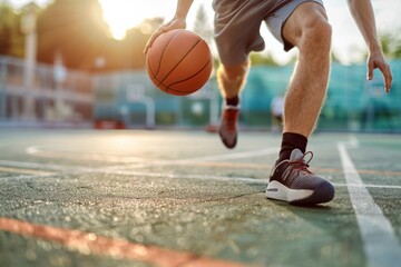 Detailed shot of a basketball player's hands and ball mid-dribble on an outdoor court