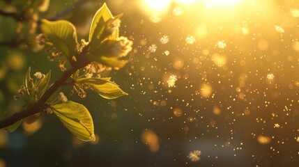 Spring field with tree leaf branches and pollen flying in air in allergic season.